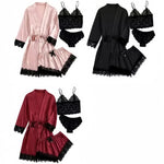 Women's Sexy Satin Lace 3PCS Sleepwear – Robe in Wine Red, Black & Pink for Romantic Look & Home Use
