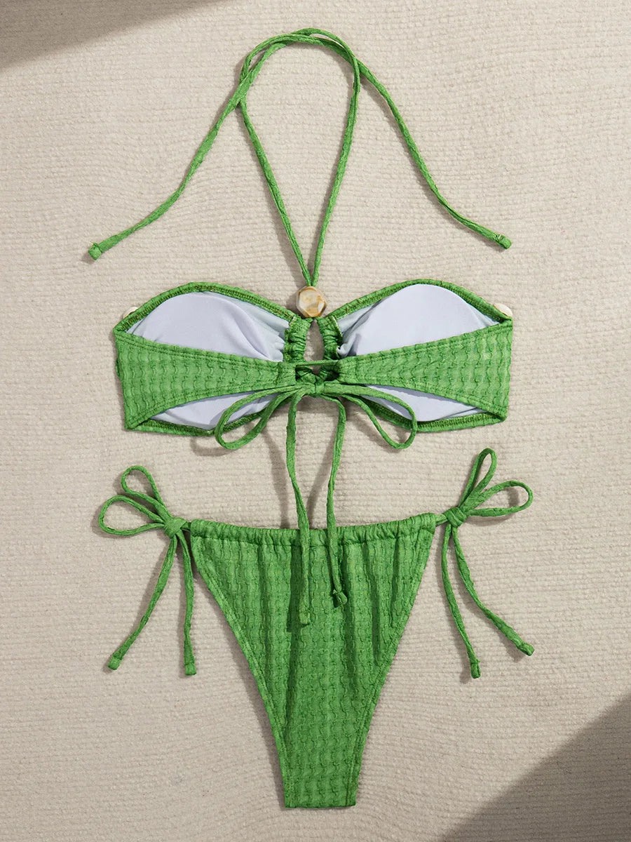 Wrinkled Hollow Out Halter Strappy Bikini Women Swimwear Female Swimsuit Two-pieces Bikini Set Bather Bathing Suit Swim Lady