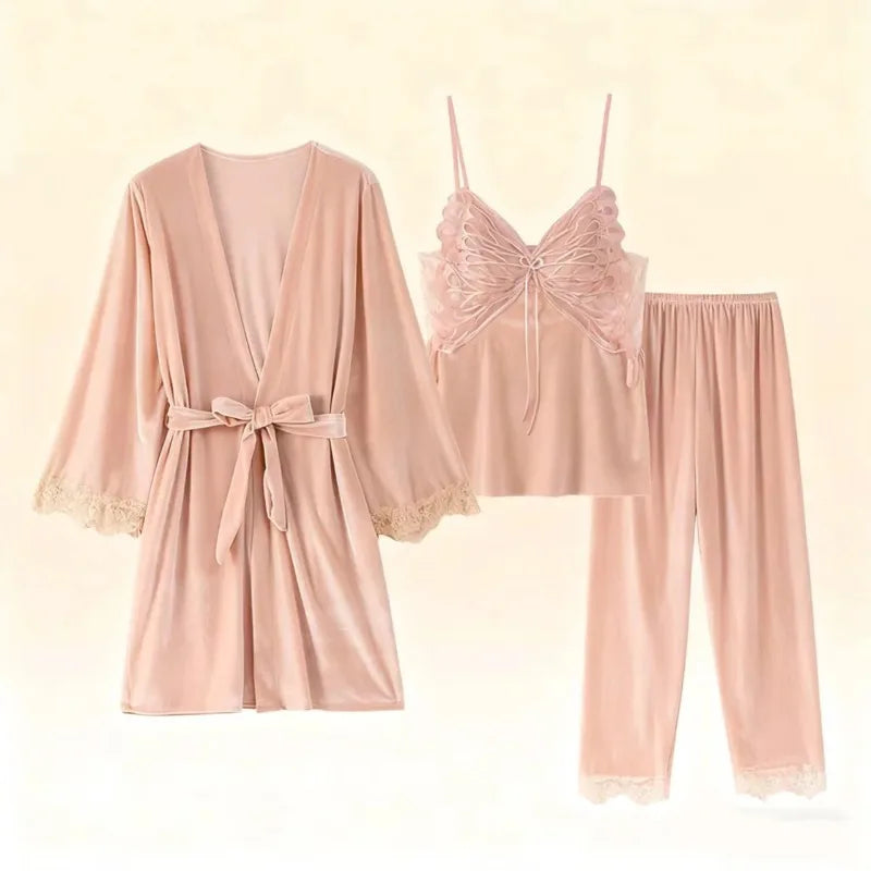 Sexy Butterfly Backless Velvet Sleepwear Set Women's Home Clothes V-neck Long Sleeve Pants Comfortable Mid-weight 2025 New