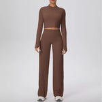 2 Pcs Women's Seamless Yoga Set Long-sleeved Wide-leg Pants Tracksuit Fitness Sports Set High-waisted Hip-lifting Slim-fit Suit
