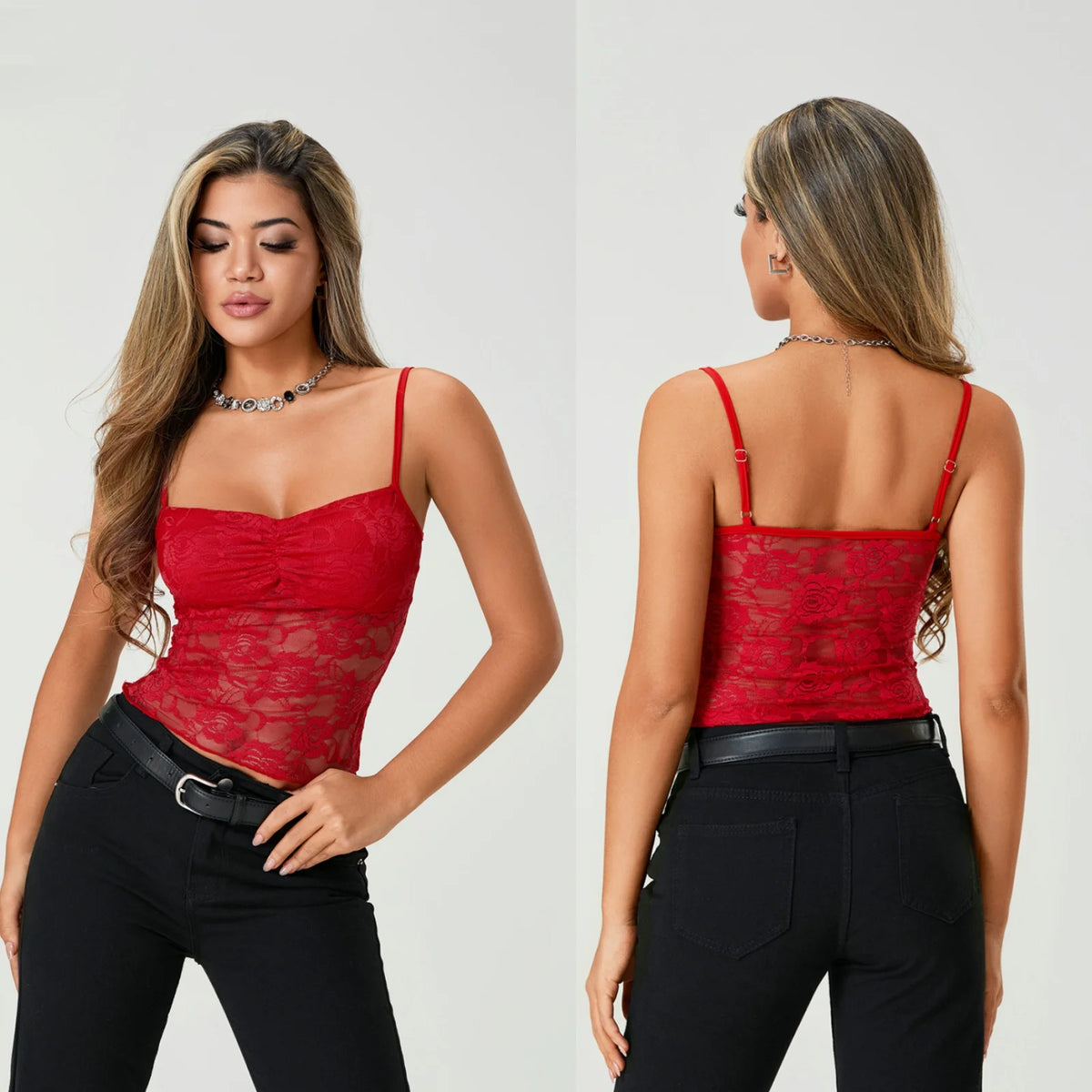Women's Lace Cami Tops Sleeveless Ruched Front Solid Color Camisole Slim Fit Tank Tops Summer