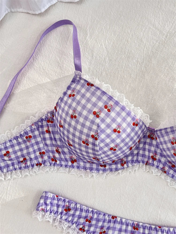 Cherry Print Bralette Set Sweet Lace Trim Women's Lingerie French Style Thin Bra Panty Light Purple Plaid Intimate Underwear Set