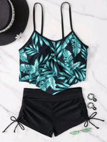 New Green Orange Ruffle Tankini Sets Swimwear High Waist Women Two Pieces Swimsuit Summer Drawstring Sporty Shorts Bathing Suits