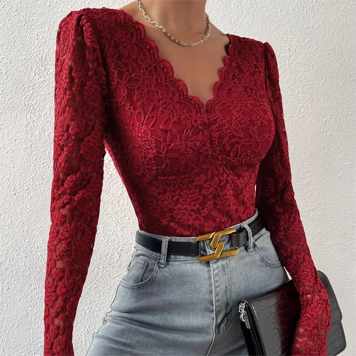 Sexy White Lace Bodysuit Women Solid Color Long Sleeve Sheer Corset Top Autumn Ruffles V Neck See Thourgh Slim Fit Jumpsuit