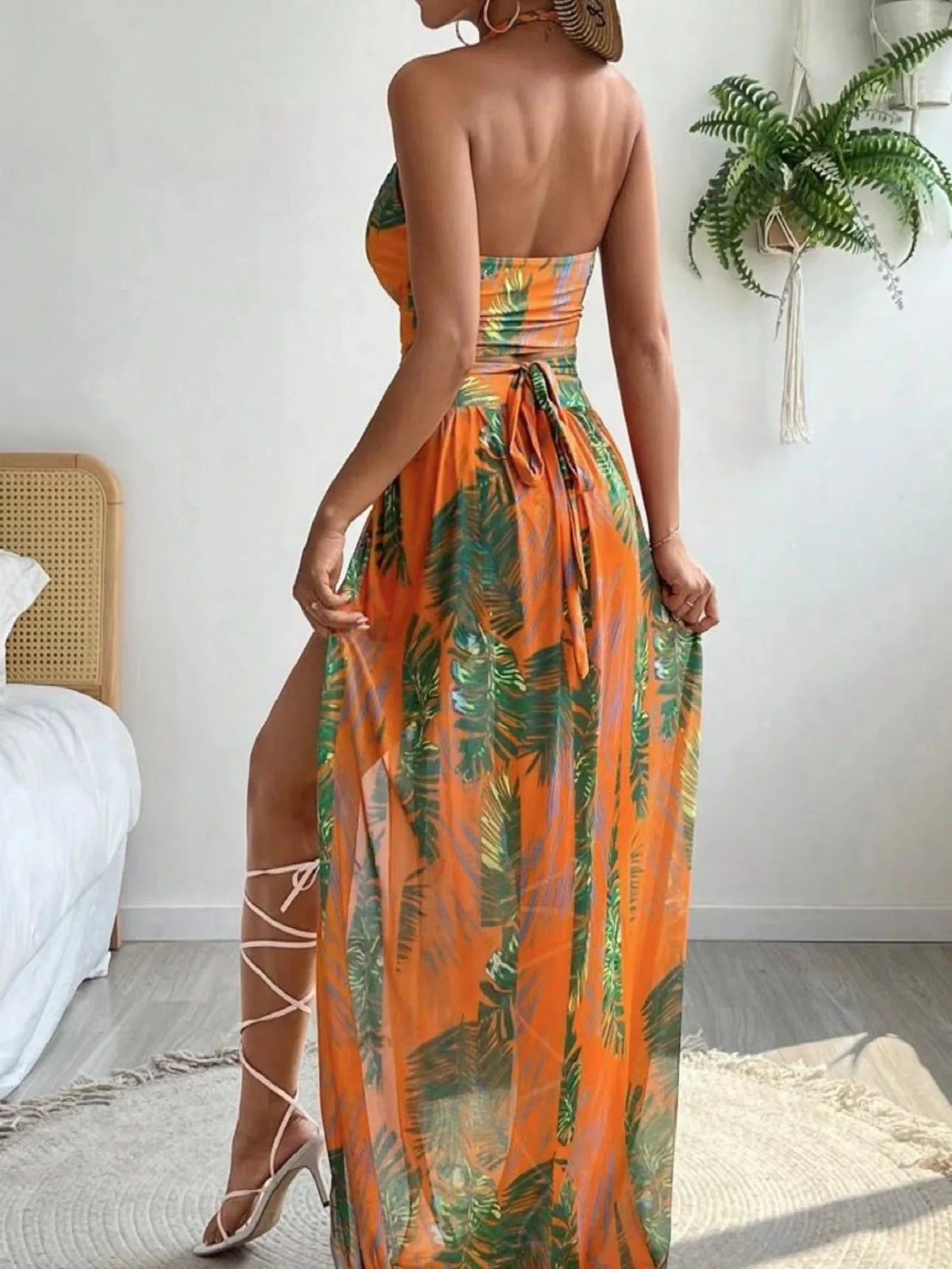 2024 Halter Criss Cross Bikini Tropical Print Swimsuit & Beach Dress 3 Piece Sexy Swimwear Women Bathing Suit Beachwear Summer