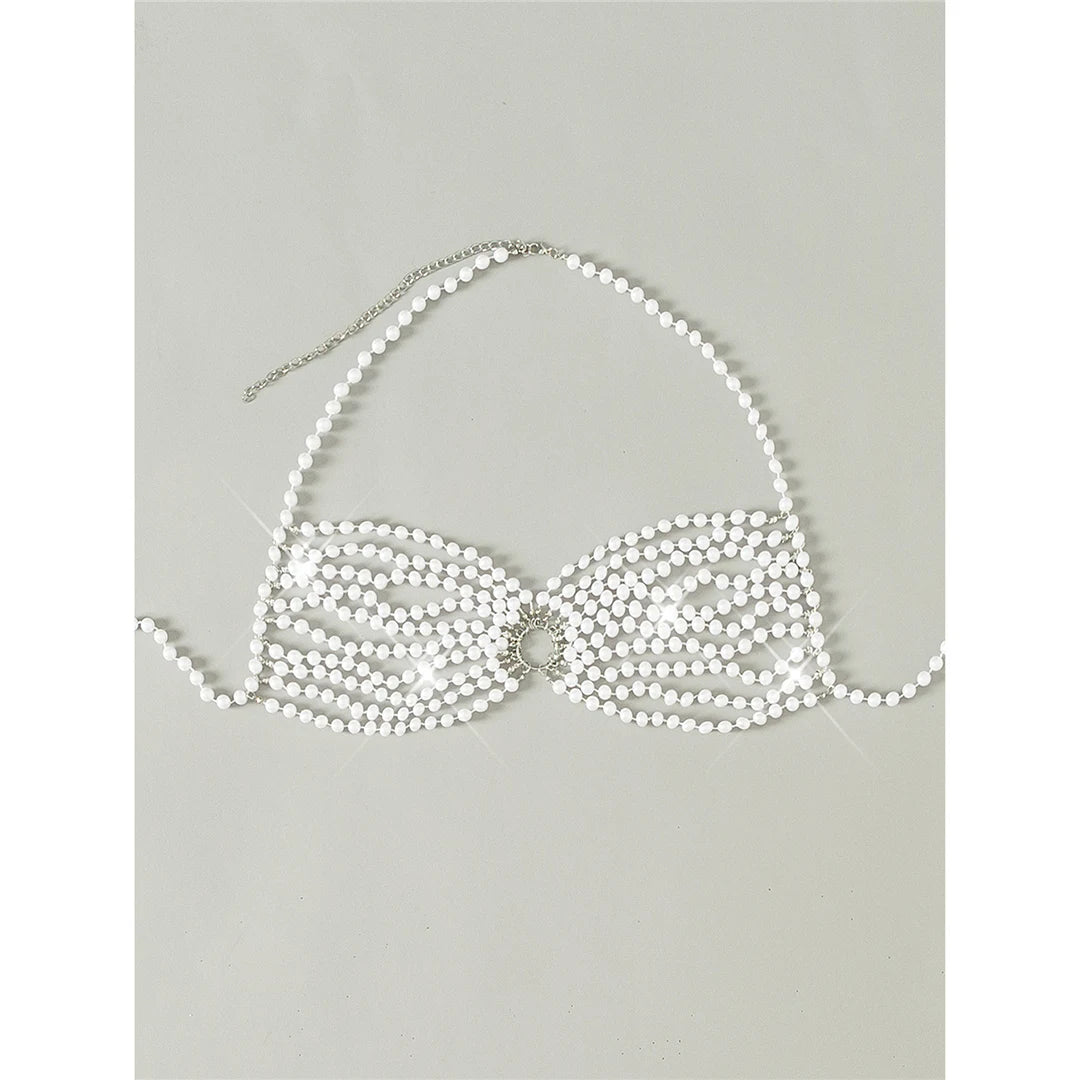Luxury Pearls Halter Hollow Out See Through Bikini Top Female Swimsuit Women Swimwear Bather Bathing Suit Swim Beach Top V5409