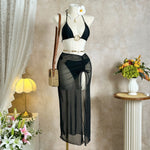 Sexy Black Mesh Long Skirt 3 Piece Bikini Set Women White Metal Ring Linked Push Up Bra Swimsuit Holiday Bathing Suits Swimwear