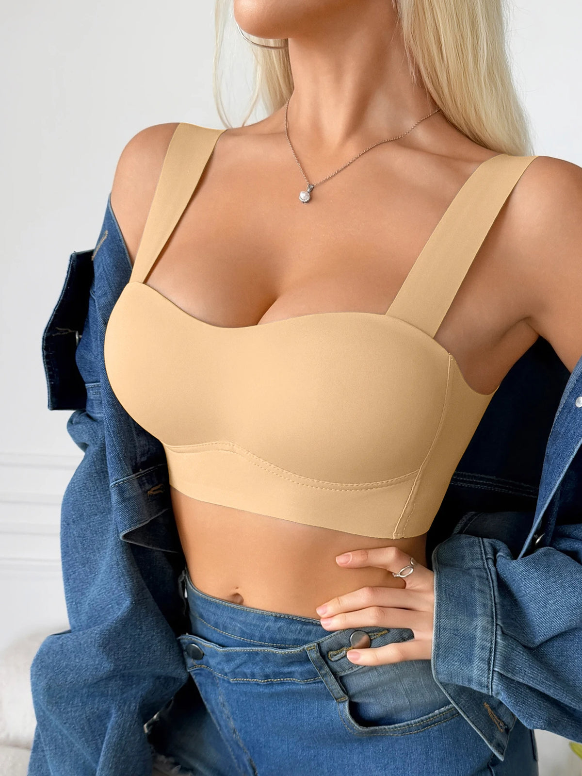 Women's Wirefree Seamless Bra, Back Closure U-Back Support Bra, No Steel Ring Comfortable Everyday Bra, Nude Invisible Underwear