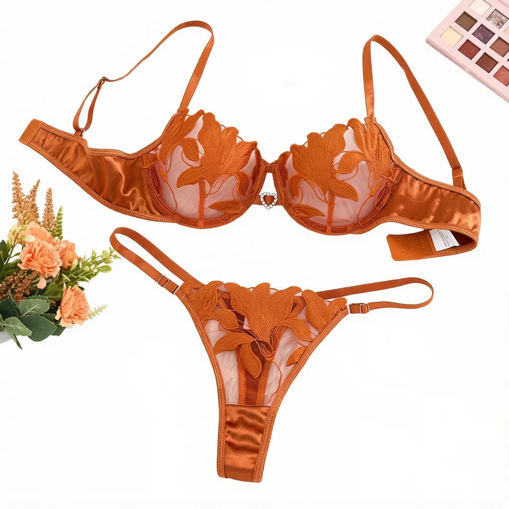 GOLD Floral Embroidery Satin Lingerie Set Sheer Mesh Underwire Bra & Thong Women Sexy Intimates ZA824031