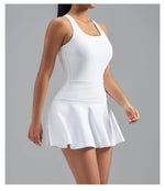 Women's Color Blocked Tennis Dresses Women Hollow Back Cross One Piece Sports Suits Built in Shorts with Pocket Yoga Golf Skirt