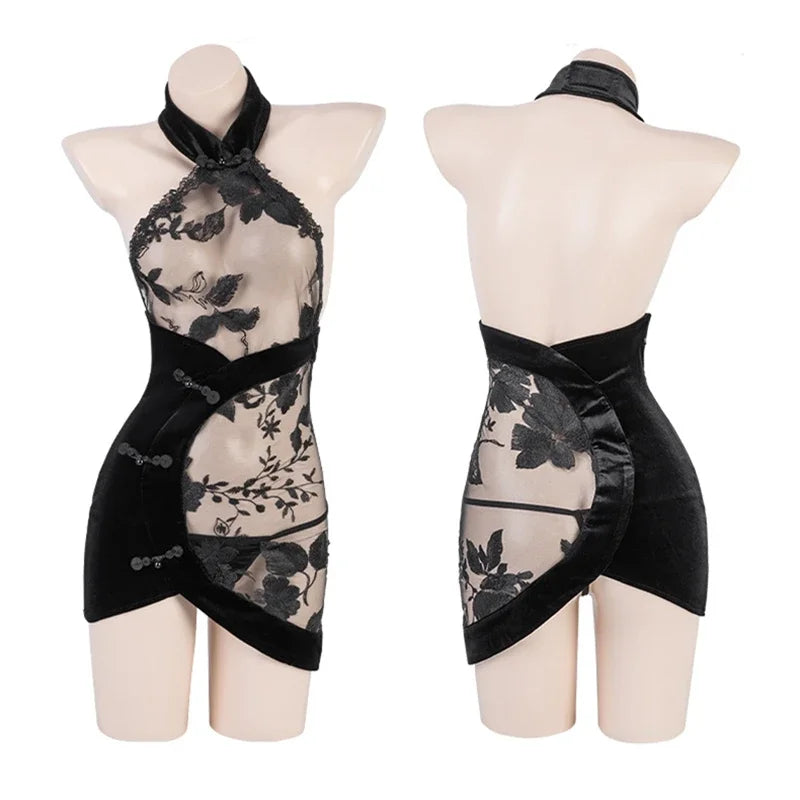 Chinese Traditional Lace Cheongsam Mini Dress Women Sexy Lingerie See-through Embroidery Halter Elegant Qipao Skirt