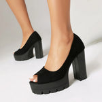 Ladies Vintage Flock Black Peep Toe Pumps Classic Summer Chunky High Heels Women Slip On Party OL Single Shoes Big size 36-46