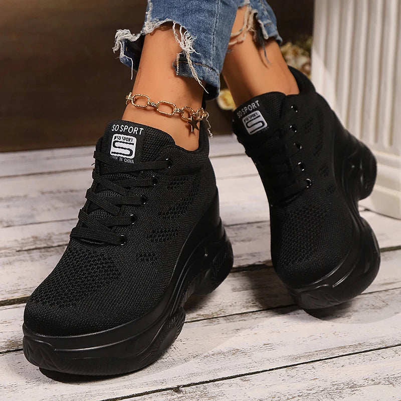 Breathable Mesh Wedges Sneakers for Women Comfortable Lace Up Chunky Platform Sport Shoes Woman Knitted Non Slip Walking Shoes