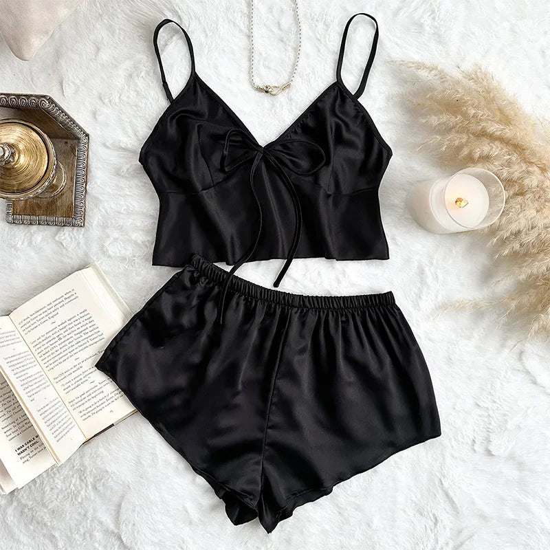 Women Stain Ice Silk Pajamas Set Spaghetti Straps V Neck Crop Tops and Shorts 2-Pieces Sleepwear Loungewear for Homewear