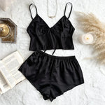 Women Stain Ice Silk Pajamas Set Spaghetti Straps V Neck Crop Tops and Shorts 2-Pieces Sleepwear Loungewear for Homewear