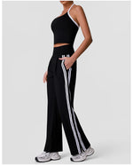 New Contrasting Striped Yoga Sets Women Hanging Neck Slim Sports Vest Gym Outfits High Waist Pocket Pants Running Fitness Suits