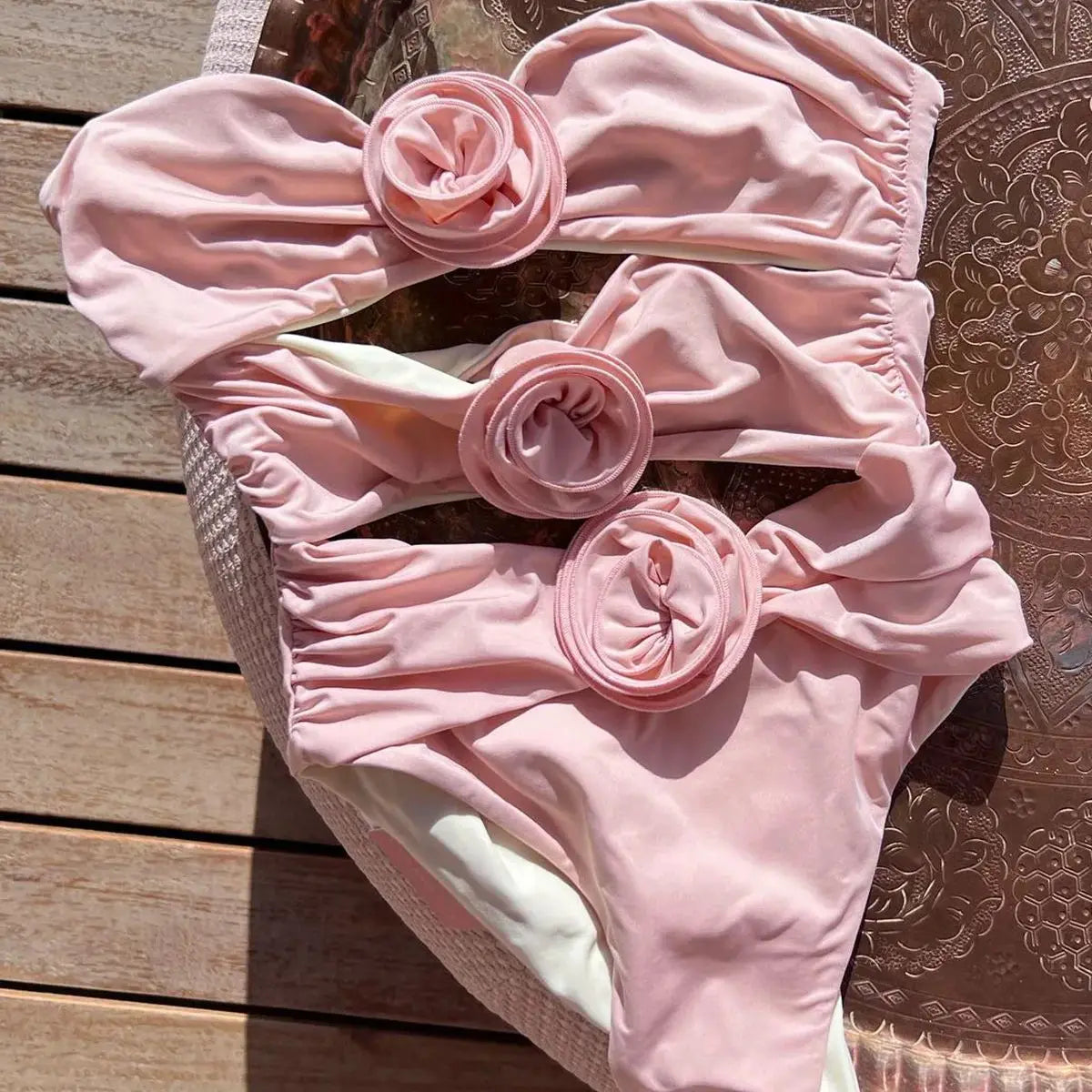 DEKA Solid Floral Swimwear Ruffle One Piece Swimsuit Hllow Out Push Up Women Bikini Set Slimming Bathing Suit Beach Wear