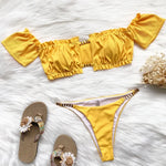 Floral Print Off Shoulder Bikini 2025 High Cut Swimsuit Women Female Brazilian Swimwear Two pieces Bikini set Bathing Suit Swim