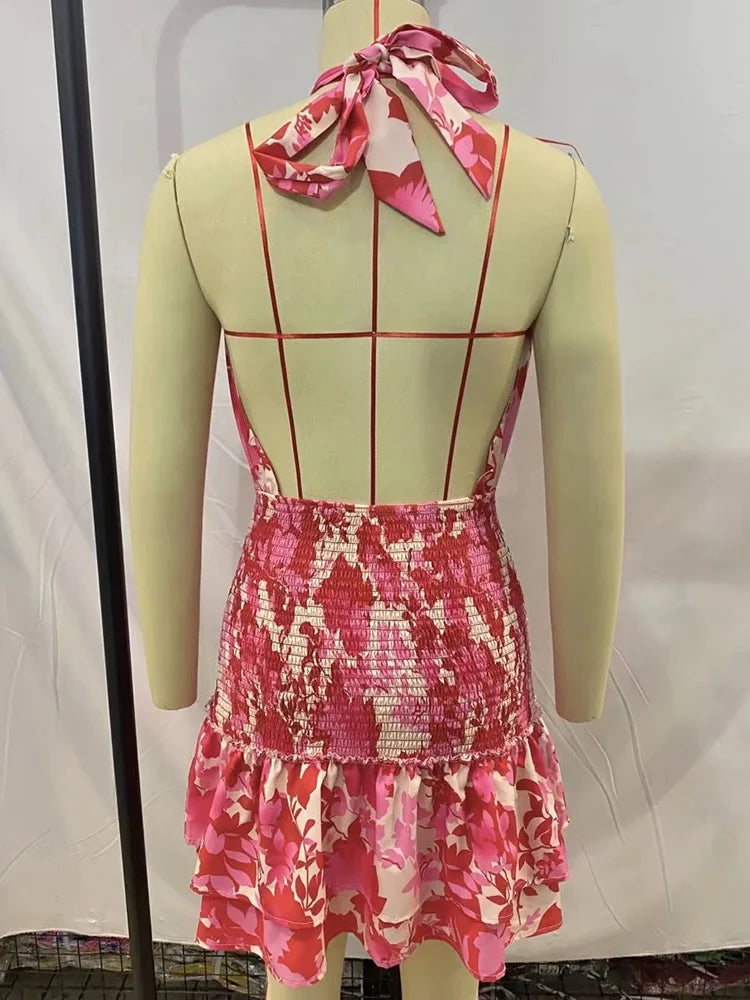 Sexy Red Floral Print Backless Summer Women Boho Mini Dress Bodycon Sleeveless Beach Lace Up Bowknot Dropshipping Dress Sundress