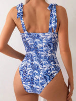 Vintage Blue Floral Print One Piece Swimsuit 2025 Women Tie Strap V Wire Slim Tummy Control Swimwear Beach Holiday Bathing Suits