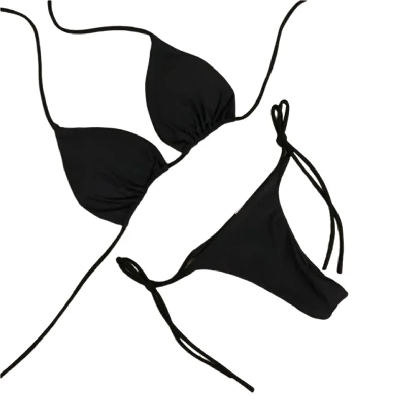 2025 Sexy Halter Solid Color Bikini Set Women's Swimsuit Two-Piece Triangle Thong Swimwear Bathing Suit for Beach Biquinis