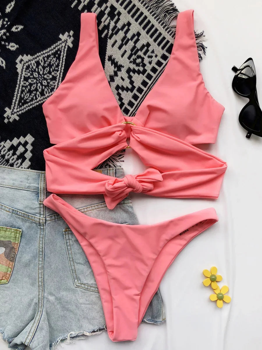 Sexy Adjustable Rings Cross Bandage Bikini Female Swimsuit Women Swimwear Two-pieces Bikini set Bather Bathing Suit Swim Lady