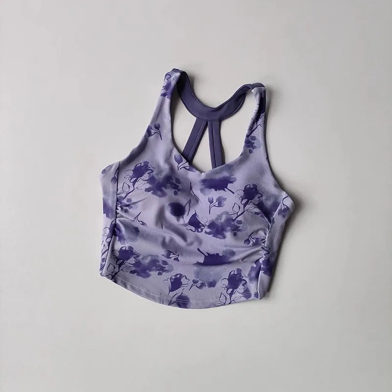 Women's Elegant Printed Yoga Sports Vest Shock Resistant Fitness Outerwear Beautiful Back Cross Shaped Design
