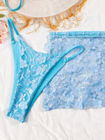 Sexy Shiny Sequin Blue White Bikini Set Women 3D Mesh Flower Cover Up 3 Piece Thong Swimsuit Beach Holiday Bathing Suit Swimwear