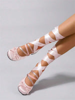 Pink Satin Ballet Style Heels Women Pumps Round Toe Ballerina Ribbon Wrap Leg Tie Up Chunky Block Mid Heel Cosplay Dress Shoes