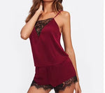 Women Satin Pajama Set Lace Trim Cami Top and Shorts, Black V Neck Spaghetti Strap Sleepwear, Soft Home Loungewear
