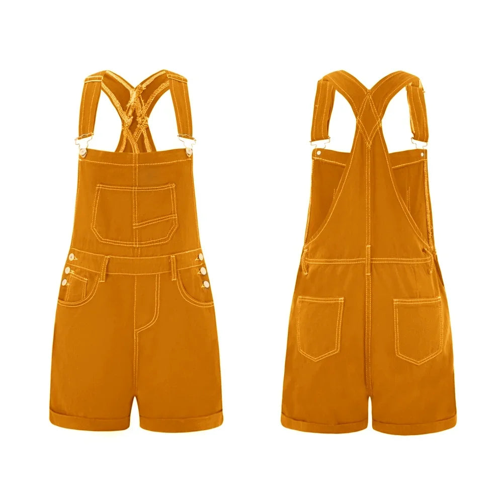 Women Denim Bib Overalls Adjustable Straps Shorts Romper with Pocket Casual Rolled Cuff Shortalls