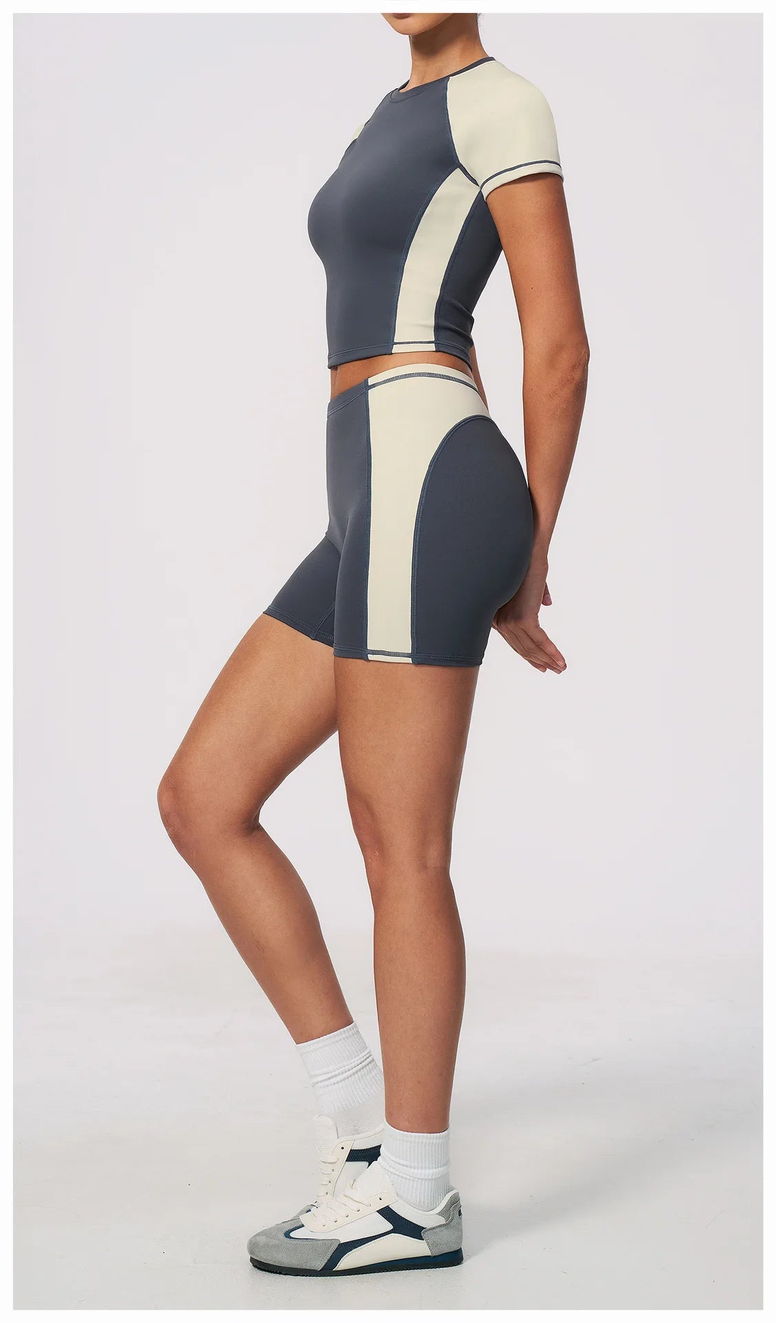 Summer New Yoga Sets Women Breathable Contrasting Color Short Sleeve Slim Sports T Shirts Training Running Shorts Fitness Suit