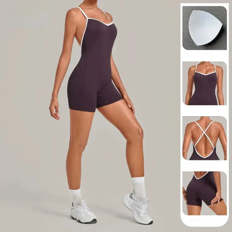 Women's Seamless Yoga Jumpsuits Fitness Sports Gym Hip-lifting Sleeveless One-piece Backless Workout Training Shorts Jumpsuit