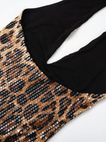 Sexy Halter Neck Off Shoulder Leopard Print Mini Dresses for Women Sleeveless Backless Sequins Skinny Party Night Club Dress