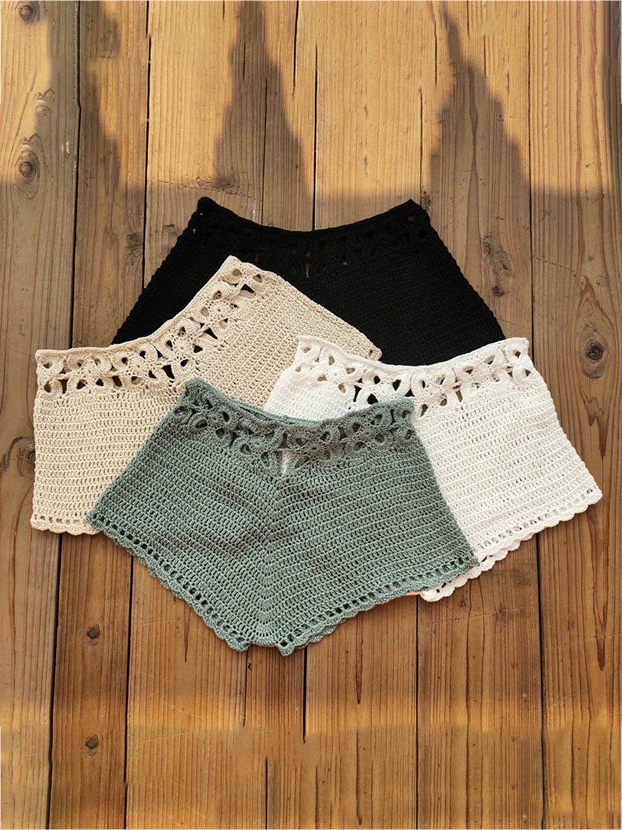 Women´s Beach Shorts Knit Crochet Cutout Bathing Suit Bottoms Drawstring Beach Board Shorts Summer Hot Shorts Streetwear