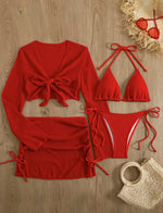 Sexy White Red Swimwear Women 2026 Long Sleeve Cover Up Drawstring Skirt 4 Piece Swimsuit Beach Bathing Suit Holiday Swimsuit