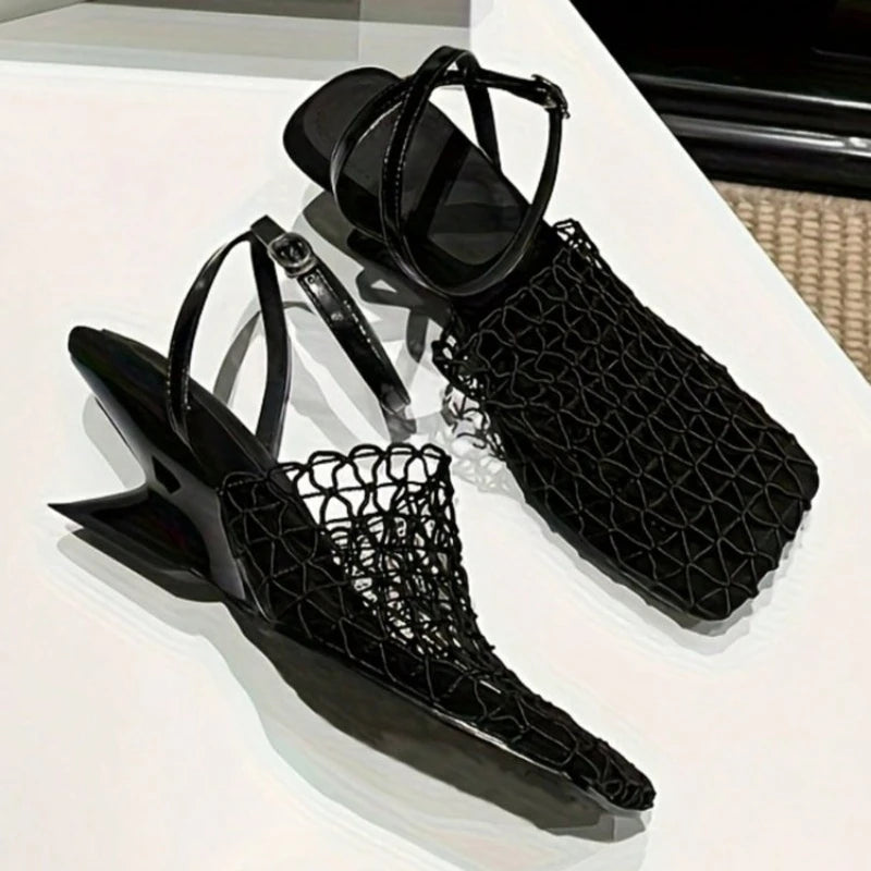Women's Sandals Summer Luxury DesignerLace Mesh Square Toe Shallow Narrow Strap Braided Slip-on High Heels Sandals