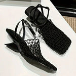 Women's Sandals Summer Luxury DesignerLace Mesh Square Toe Shallow Narrow Strap Braided Slip-on High Heels Sandals