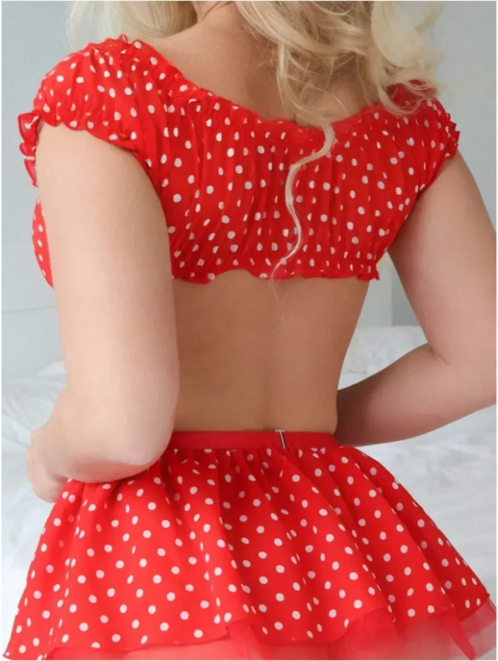 Women's EroticShort Skirt with Garter Straps Sexy Lingerie Women Sexy Polka Dot Off Shoulder Puffy Skirt PolkaExotic Set