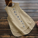 Women Vintage Cotton Linen Tanks Tops Round Neck Floral Print Shirt Summer Sleeveless Blouse Elegant Female Casual Loose Tops