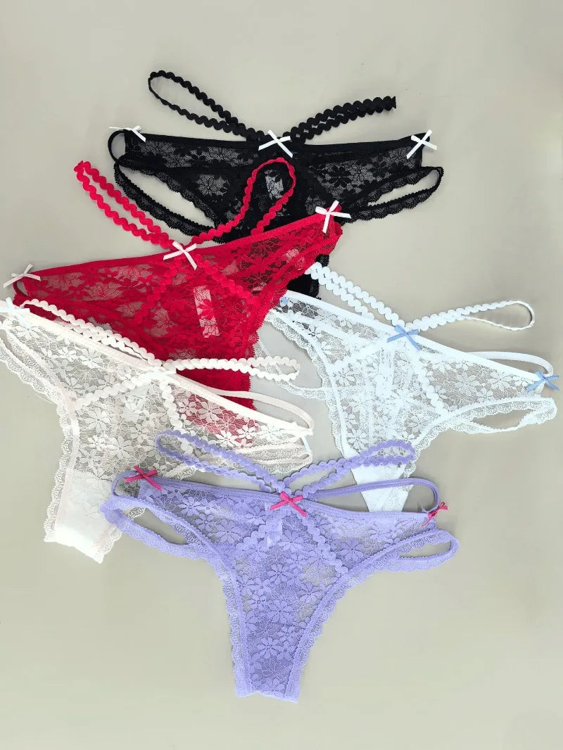 Sexy Lace Thong Double Strap Women's Panties Low Waist Transparent Flower See Through Hollow Out Low Waist G-Strings Underwear