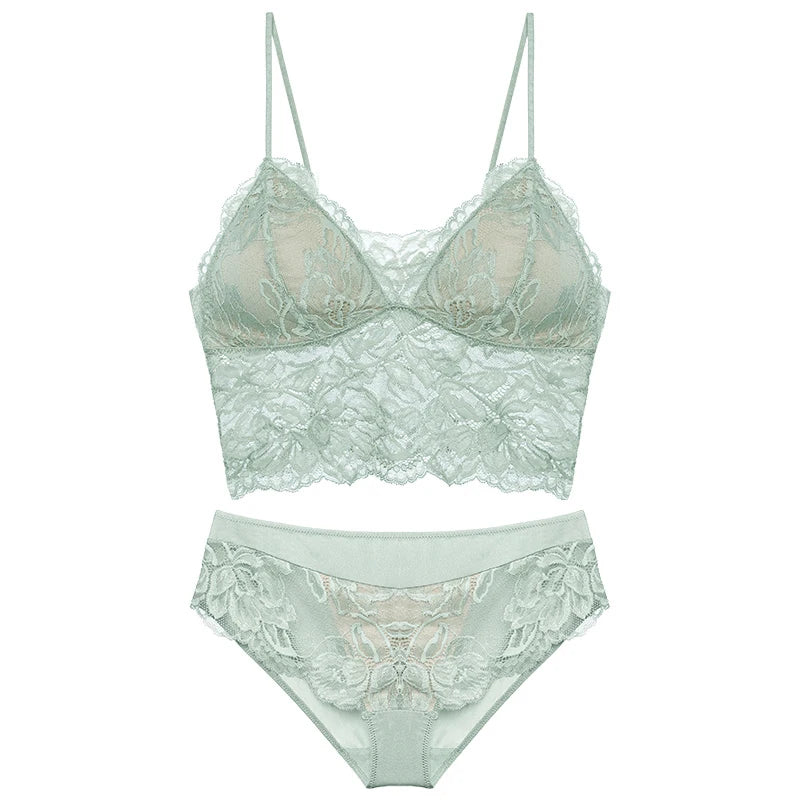 French Backless Bralette Sheer Lace Wireless Halter Top No Underwire Anti Nipple Show Comfort Bra & Tushy Set CA MOYISU Sexy Bra