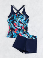 Women's Conservative 2 Piece Swimsuit Black Stripe Print Patchwork Tankini Bikini Set Suspender Cross Backless Bathing Suit 2025