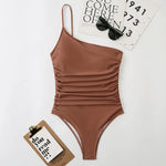 2026 Sexy One Shoulder One Piece Swimsuit 2022 Women Solid Black Neon Green Push Up Padded Bathing Suit Pleate Swimwear Monokini
