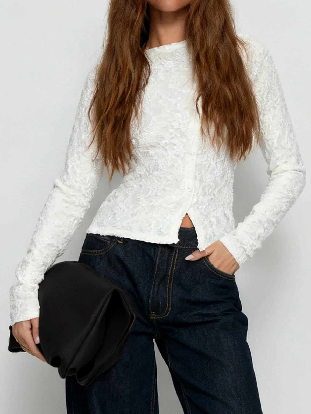 Women Long Sleeve Round Neck Spring Fall Lace Tops Slim Fit Solid Color Oblique Button Up T-shirts