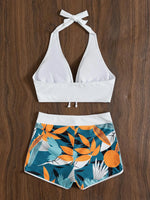 2026 Summer Women's Print Patchwork Swimsuit Sexy Deep V Neck Back Lace-up Swimwear High Waist Shorts Tankini Bathing Suit Beach