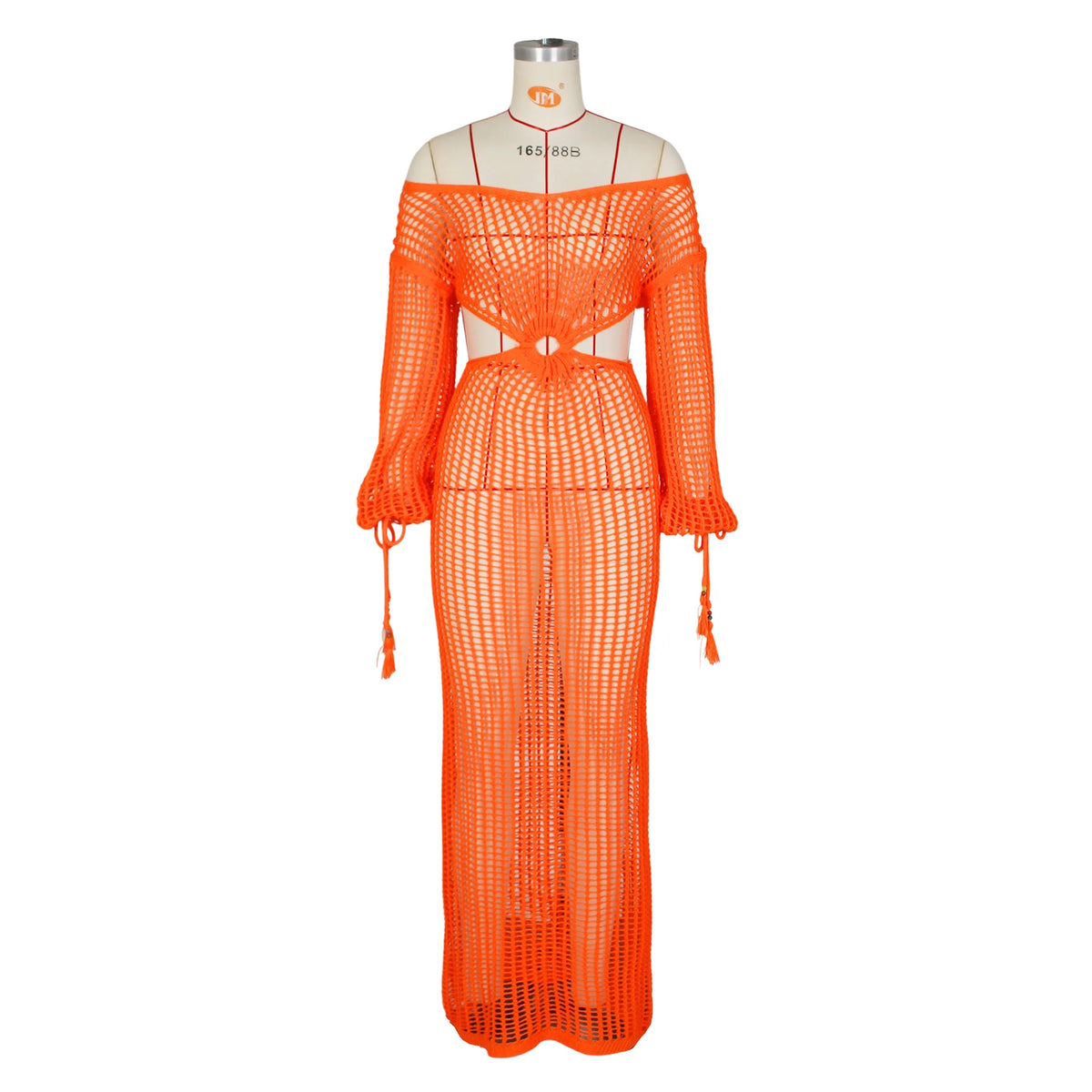 DEKA New Sexy Knit Mesh Cut Out Deep V Neck Long-sleeve Lace-up Fringe Tunic Summer Women Swimsuit Cover-ups Beach Maxi Dress
