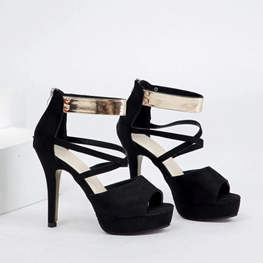 Women's Sexy Peep Toe Platform 12cm High Heel Sandals with Gold Metal Classic Ankle Strap Crisscross Stiletto Heel Party Shoes