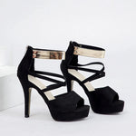 Women's Sexy Peep Toe Platform 12cm High Heel Sandals with Gold Metal Classic Ankle Strap Crisscross Stiletto Heel Party Shoes