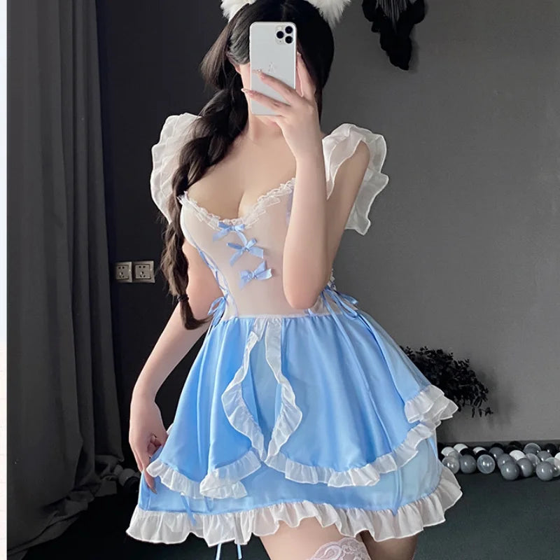 Maid Dress Cosplay Costumes Women Sexy Lingerie Perspective Erotic Underwear Sweet Uniform Skirt Maid Lace Outfit